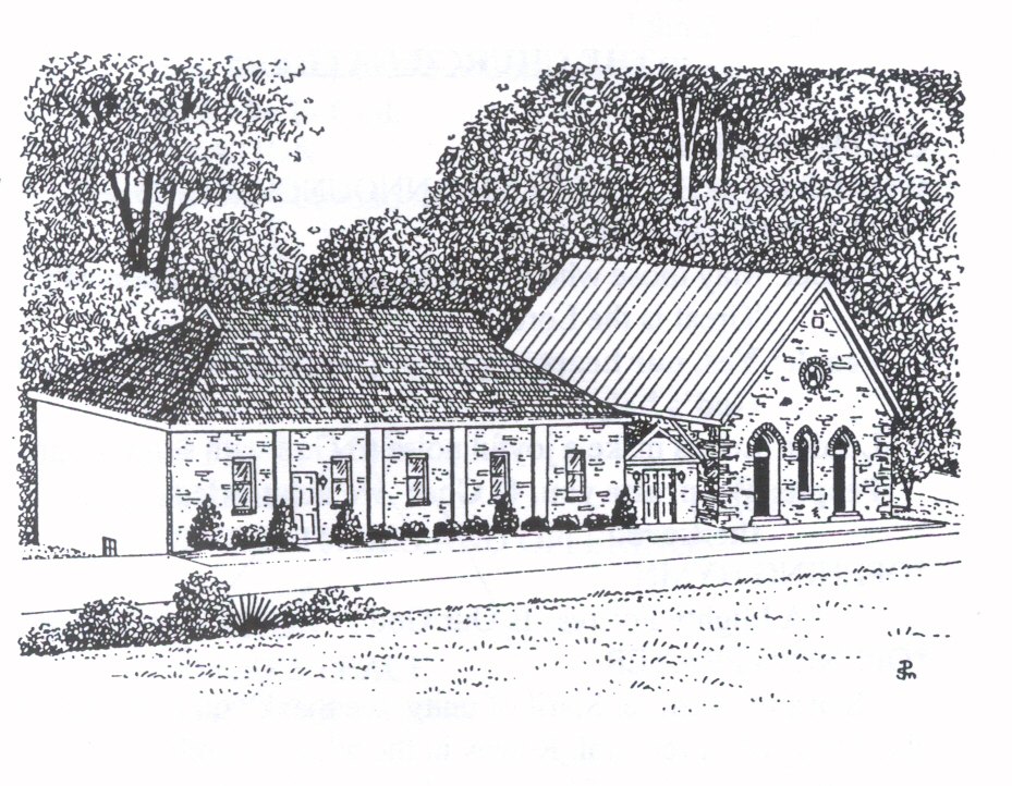 Pen-and-ink drawing of Stone Chapel United Methodist Church, showing the stone sanctuary with its gabled roof and arched windows beside the lower parish hall, framed by trees.