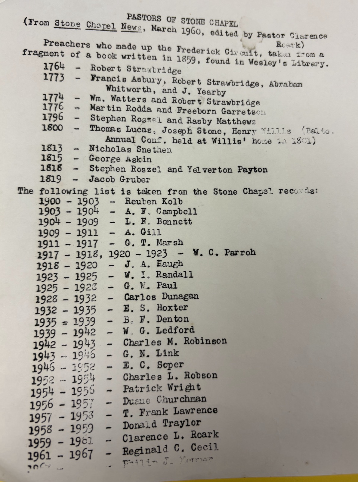 A typewritten list of the early circuit riders and preachers of Stone Chapel.