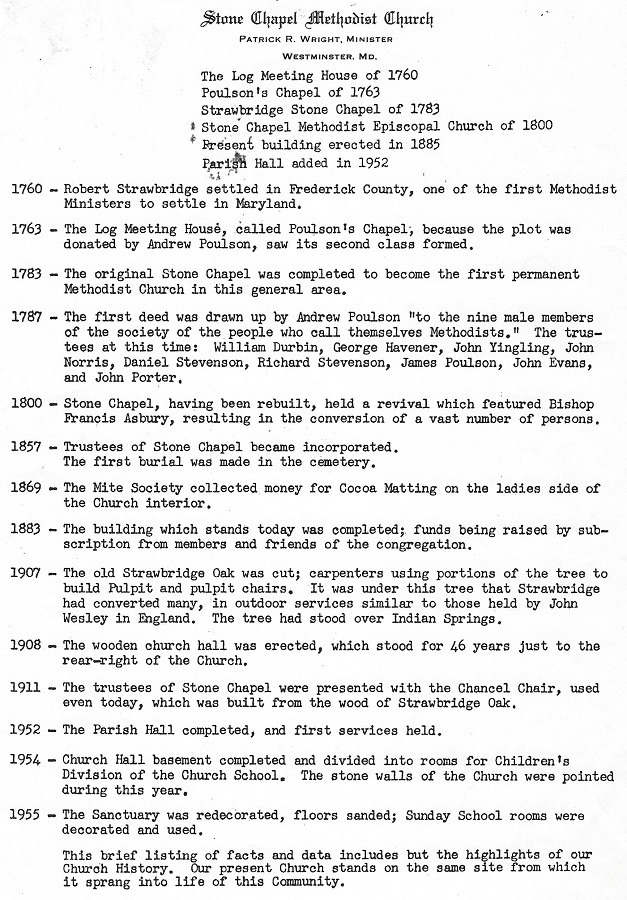 A timeline of events in the life of Stone Chapel, up to 1955.